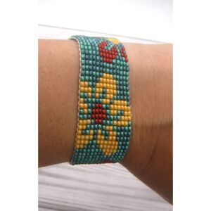 Loom Beaded Bracelet Green, Red & Wheat Floral